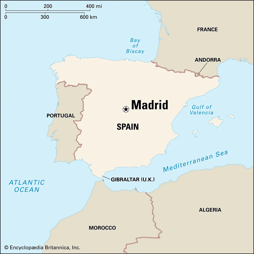 A scenic view of Madrid, Spain, featuring the bustling Plaza Mayor with its historic architecture, lively street life, and vibrant cityscape. The image captures the essence of Madrid's dynamic blend of historic charm and modern energy